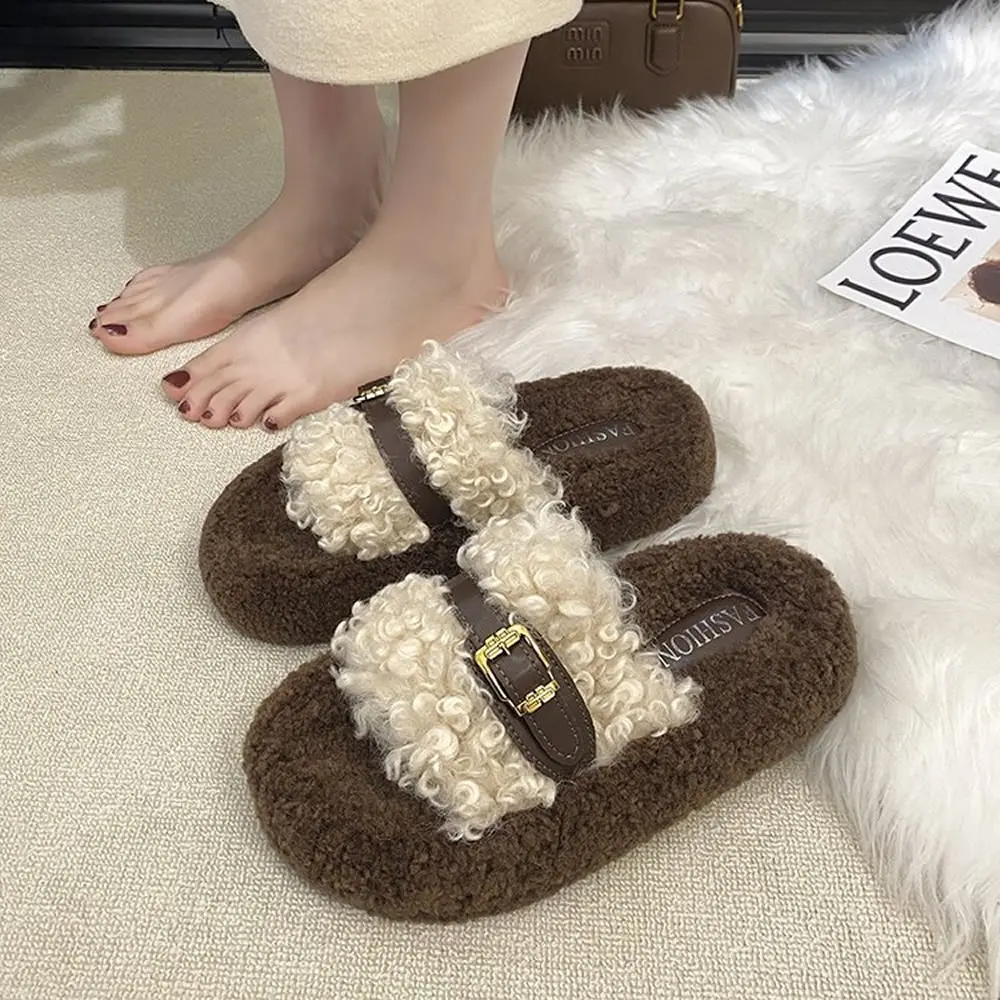 شباشب قطيفة سميكة القاع سهلة الارتداء مفتوحة من الأمام بتصميم كلاسيكي بإبزيم حزام خريفي وصل حديثًا شباشب سطحية مطاطية عصرية #3