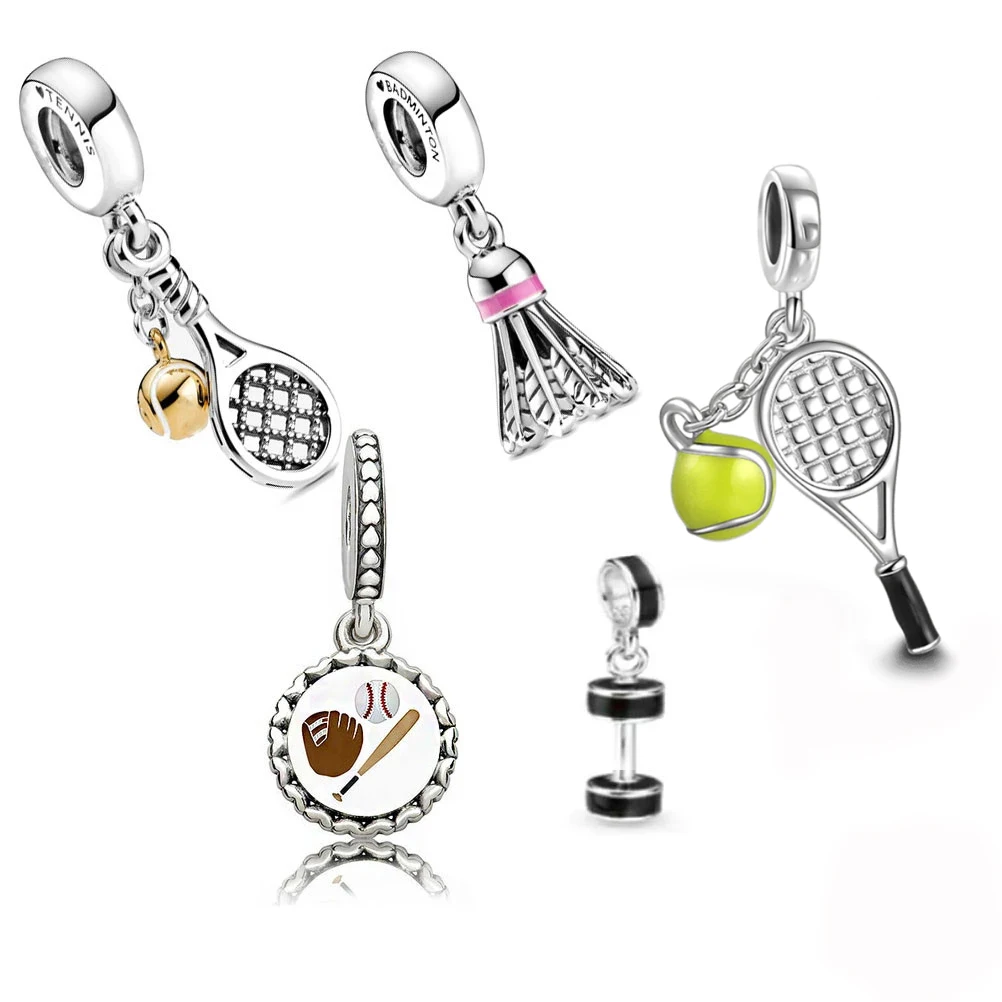 Hot Sale 925 Sterling Silver Badminton Baseball Dumbbel Sports Charms Beads Dangle Fit Original Pendant Bangle DIY Jewelry Gift