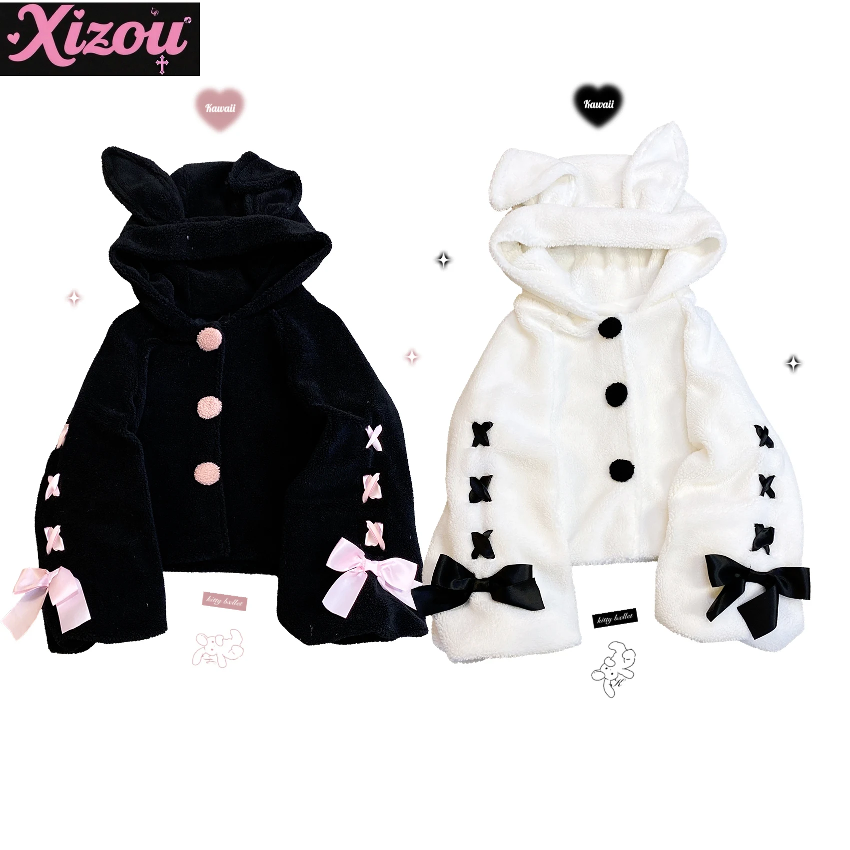 

Japanese Cute Rabbit Ear Button Strap Bow Winter Women's Lolita Sweet Coat Mine Plush Loose Jacket Subculture Y2k Coat for Women