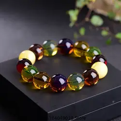 Natural Burmese Beeswax Duobao Round Beads Bracelet for Men and Women Raw Ore Amber Single Circle All-match Couple Handstring