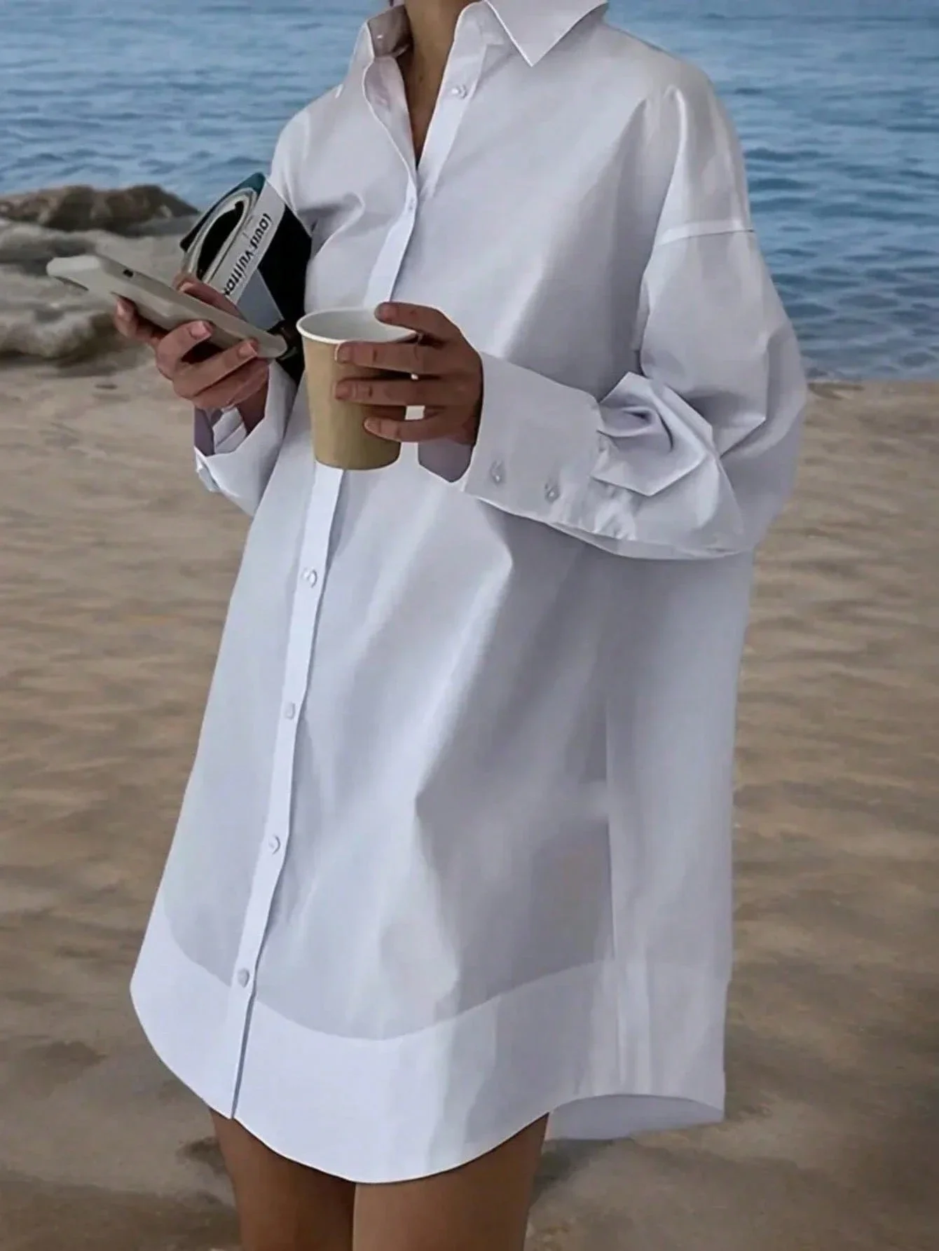 

Loose Solid Color Front Button Long Sleeve Shirt White Casual Spring