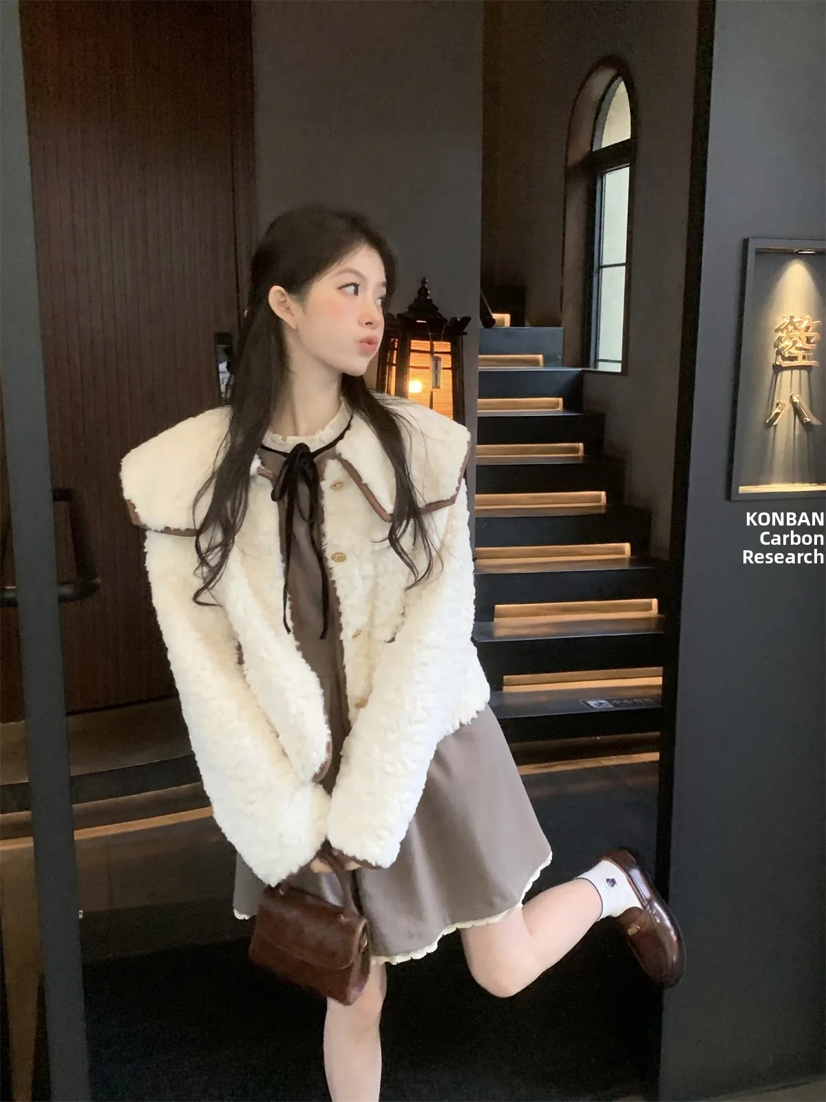 LXLILIUM Klara Sweet Heart Navy Collar Color Blo Fur Leather Jaet Dames top Winter Faion Premium dameskleding