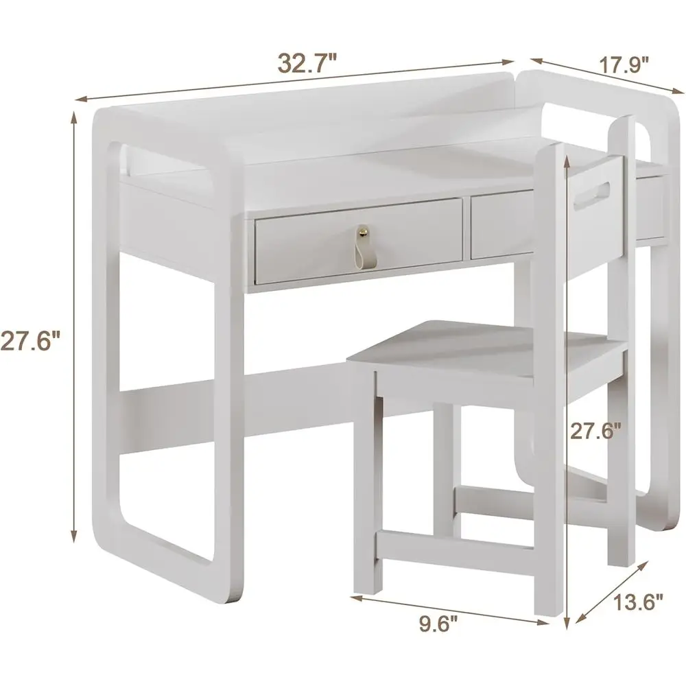 White Wooden Kids Study Desk with Drawers, Children's Writing Table Set for School and Home