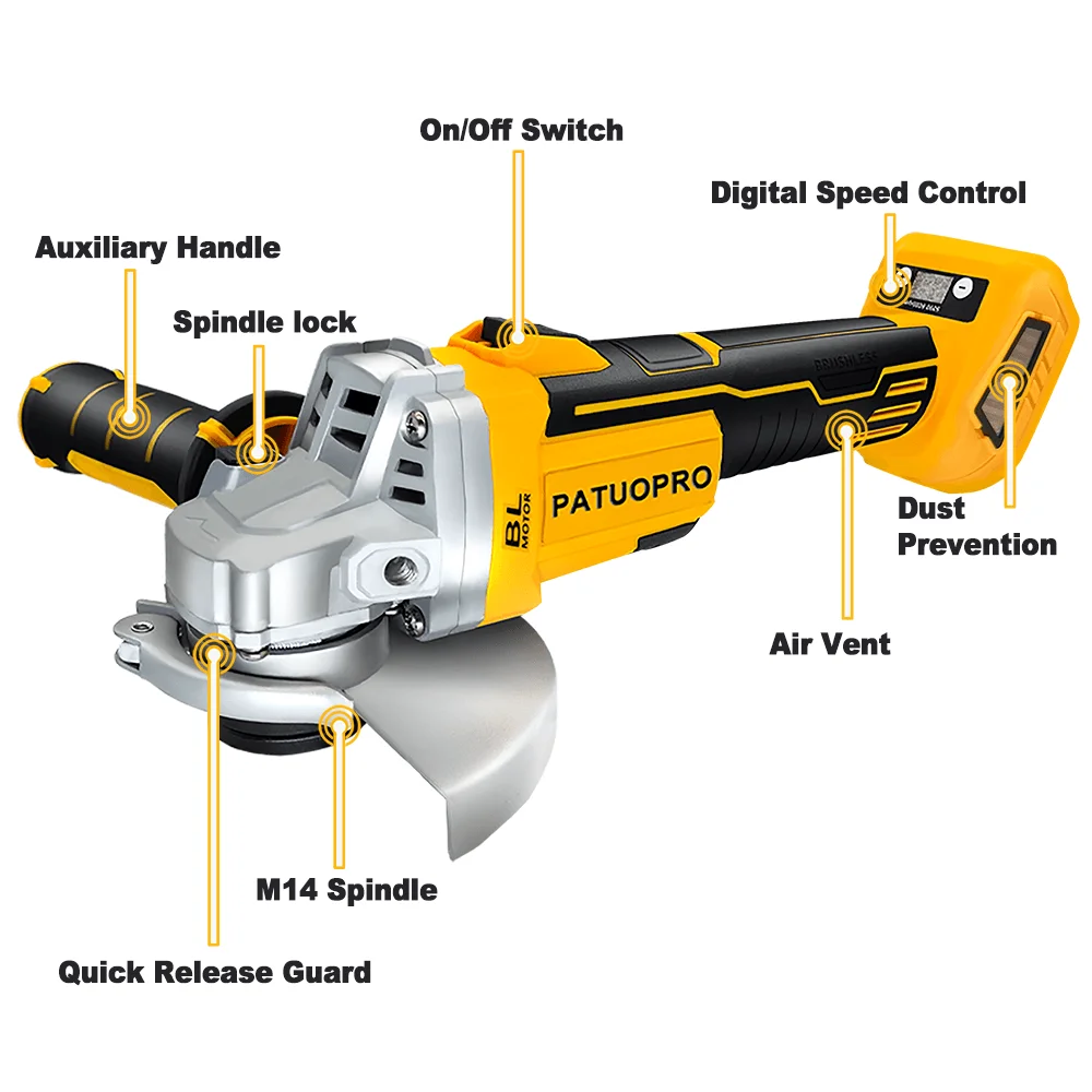 PATUOPRO 125mm Cordless Electric Angle Grinder M14 Brushless Variable Speed Cutting Machine Power Tools For Makita 18V Battery