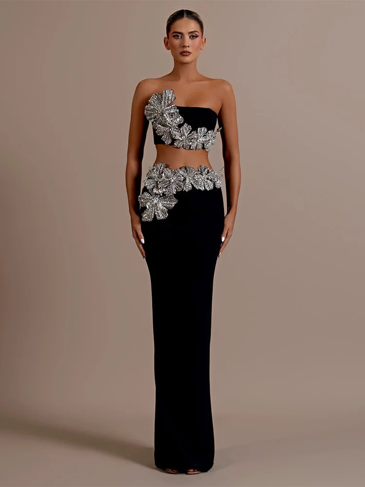 

New Fashion Outfit Heavy Industry Set Tube Top High Waist Skirt Bandage Two-Piece Party Dress