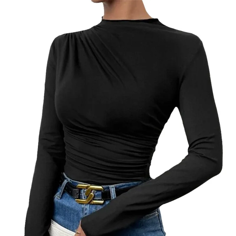Color Slim Fit Pleated Long Sve T-irt Women's Top Street Sle Pure Color Elastic Fabric High Collar Chinese Production