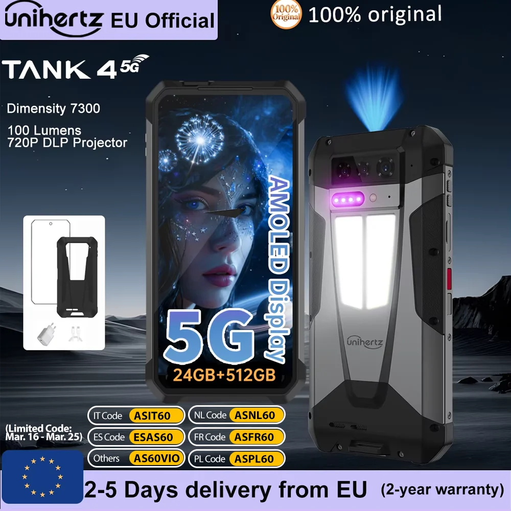 Unihertz par 8849 Tank 4 Smartphone 5G intégré 720P projecteur téléphone 24GB RAM 512GB ROM 11600mAh dimension 7300 AMOLED Android 14