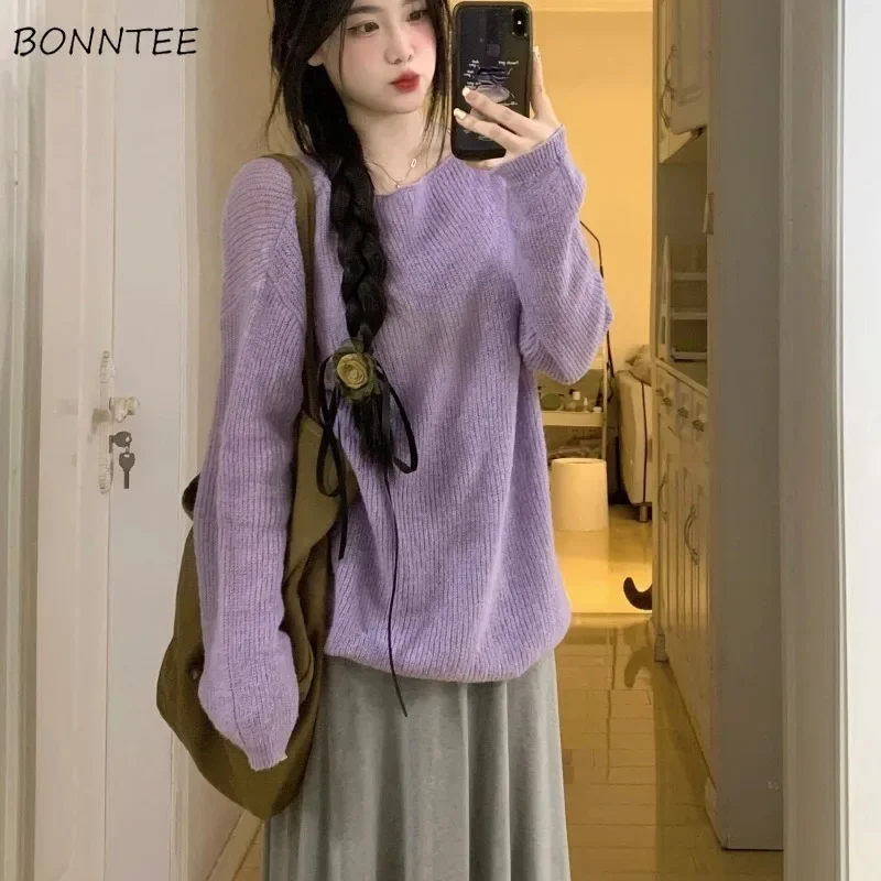 

Pullovers Women Solid Gentle Loose Fit Chic Knitwear Casual Long Sleeve All-match Korean Fashion Spring Classic Simple Trendy