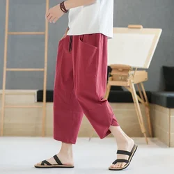 Men's Cotton Linen Casual Shorts 2024 Summer New Men Breathable Solid Color Linen Cropped Pants Fitness Streetwear Clothing