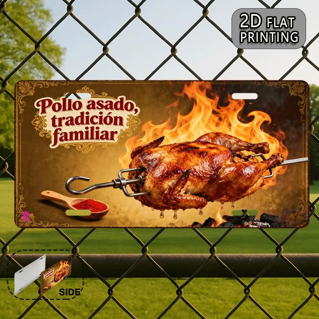 2D Metal Sign, Vintage Spanish Style Aluminum Flat Poster, Pollo Asado Tradicion Familiar Wall Art for Kitchen Restaur