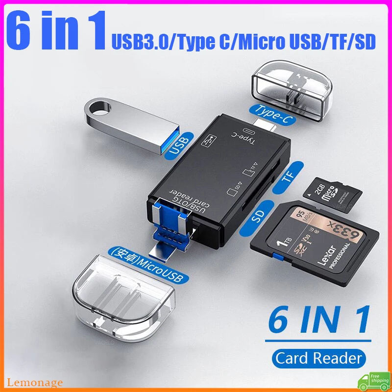 USB 3.0 Card Reader 6 in 1 Micro USB/U Disk/Type C/TF/SD Memory Card All In One Type-C USB SD Card Reader Data Transfer for Phon