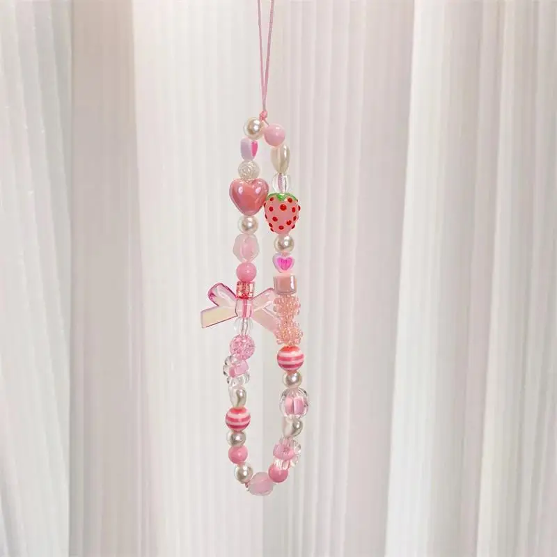 Sweet and Cute Pink Strawberry Mobile Strap Phone Chains For Women Pearl Chain Phone Pendant Charm Key Anti-Lost Lanyard Jewelry image 6