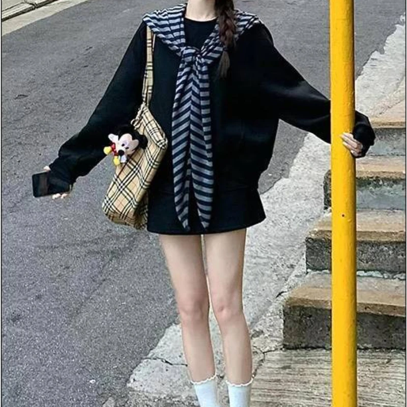 

Suit Women's Fall 2025 New Contrasting Striped Shawl Loose Casual Long-sleeved Sweatshirt High-waisted Slimming Skirt