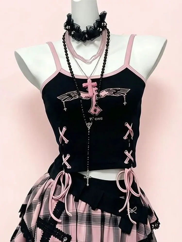 Vintage Y2K Dark Sweet Skirt Set Women Cami Plaid Tiered Skirt Lace Cross Bowknot Top Shirt and Harajuku Outfit Skirt Woman Set view 5