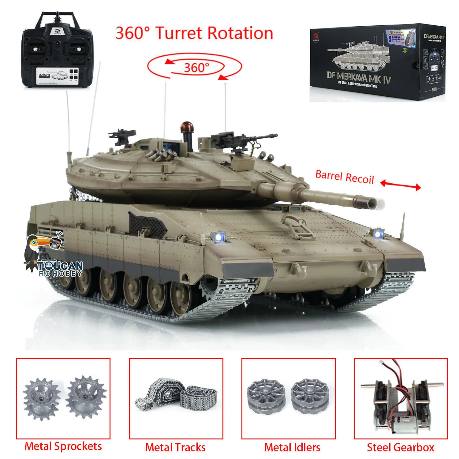 

Радиоуправляемый танк 1/16 Heng Long, модернизированный, версия IDF Merkava MK IV 3958 360 ° Металлические направляющие с вращающейся бочкой турели, модель TH22647