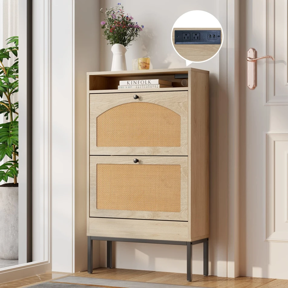Slim Wooden Shoe Storage Cabinet with 2 Flip Rattan Drawers and Charging Station for Entryway