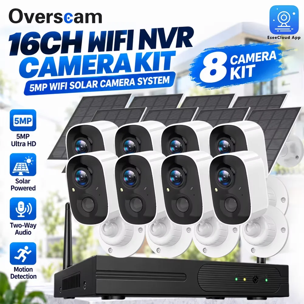 5MP Solar WiFi Security Camera System 16CH Wireless NVR Kit Outdoor PIR Motion Detection Two-Way Audio CCTV Video Surveillance