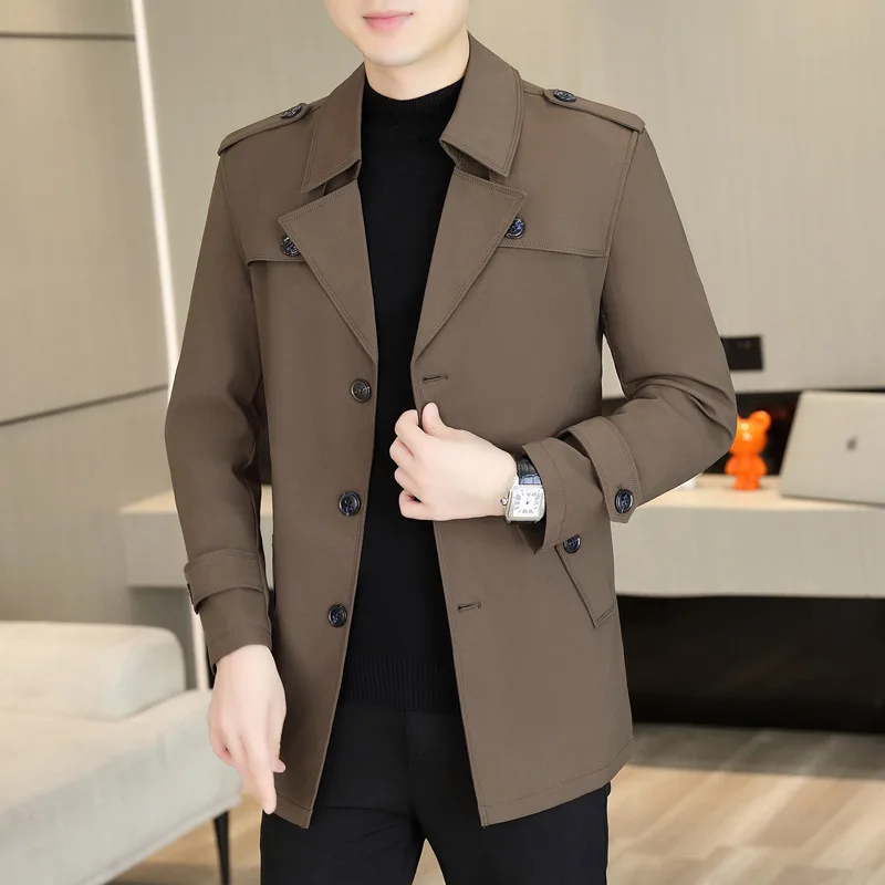 

Coffe Brown Men's oulder Strap Windbreaker Slim Fit Collar Jaet plus Size Autumn Outerwear Single Button Closure Long Coat