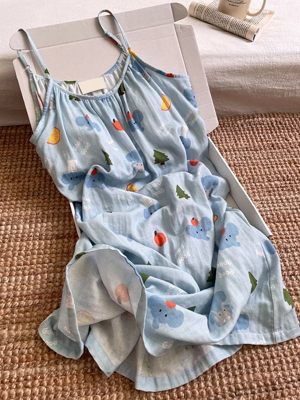 Adorable Cartoon Elephant Print Chemise Dress Women's Summer Sweet Princess Style Indoor Outdoor Wear Polyester Fiber A-Line ...