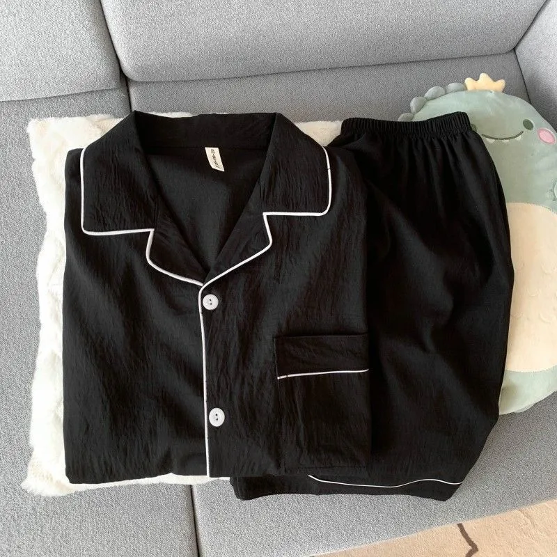 طقم بيجامة رجالي فاخر جديد بلون سادة وأكمام قصيرة وطية صدر السترة وسروال مرن مقاس كبير بيجامات صيفية ملابس نوم