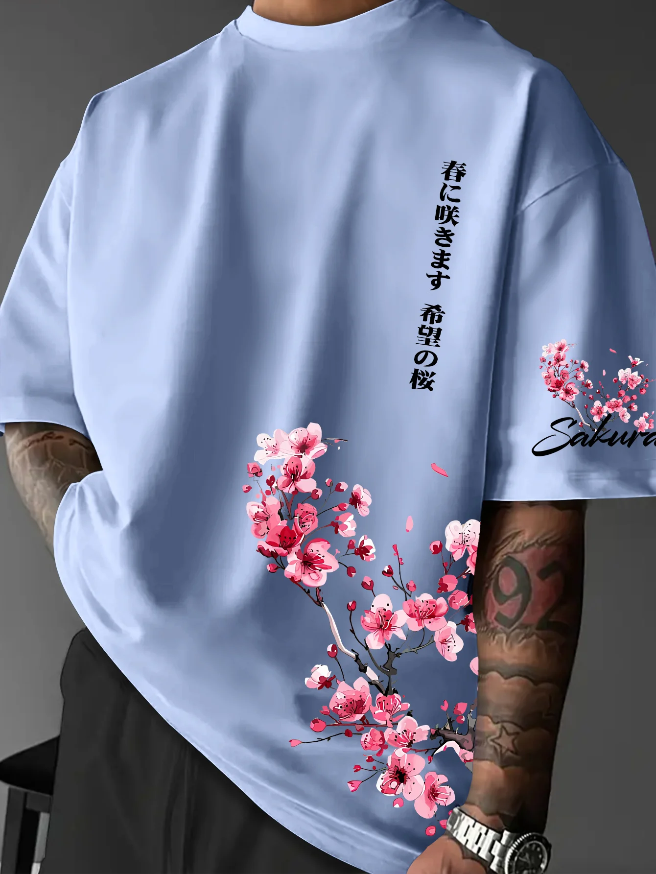 European and American men's summer cherry blossom letter print micro elastic breathable round neck T-shirt outdoor casual top