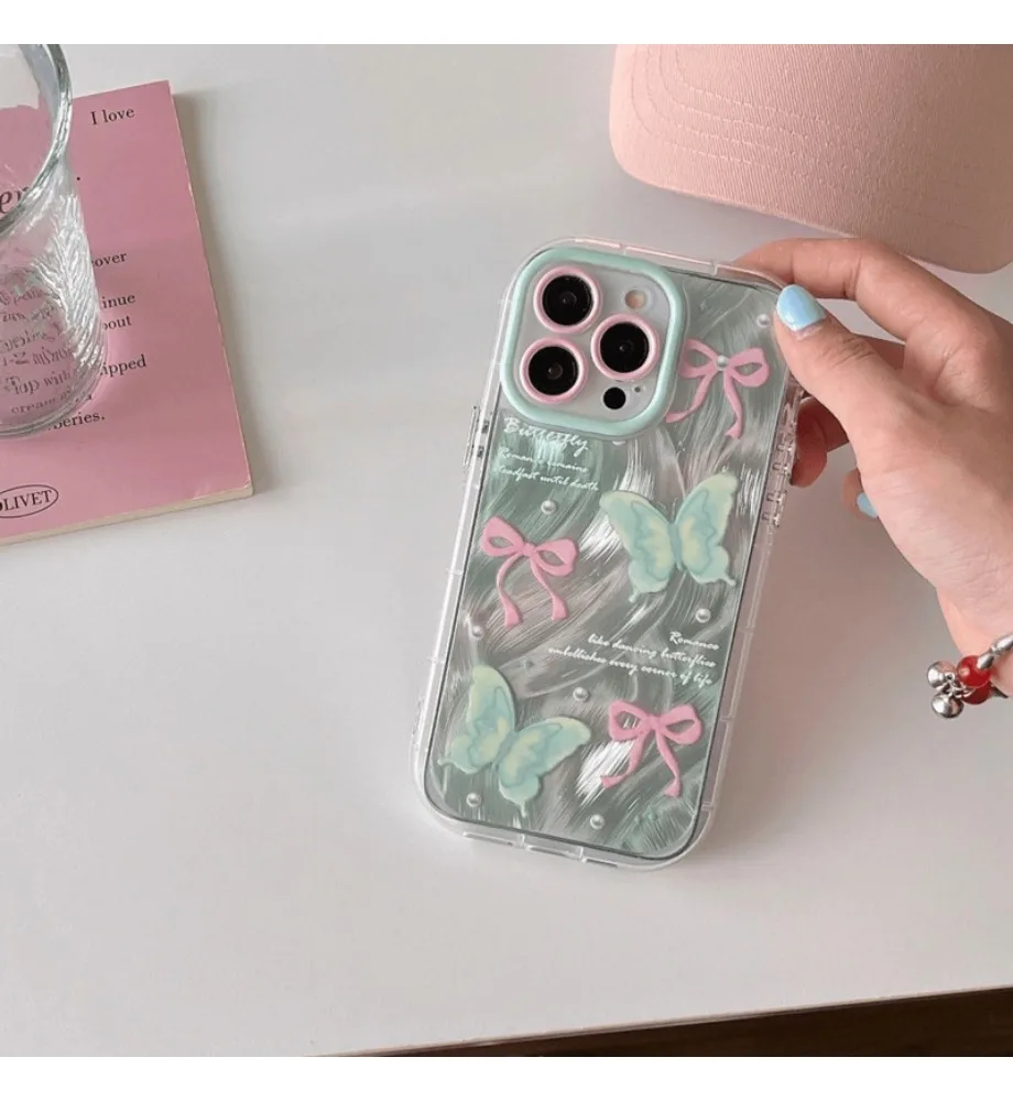 

Spring and summer smudged small butterfly suitable for for iPhone 17Promax mobile phone case 16pro feather puff case IMD fine