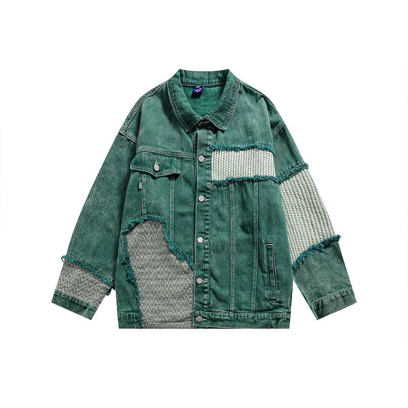 

Retro Stitching Hole Denim Jacket Men's Loose Green Jeans Coat Irregular DenimJacket Men