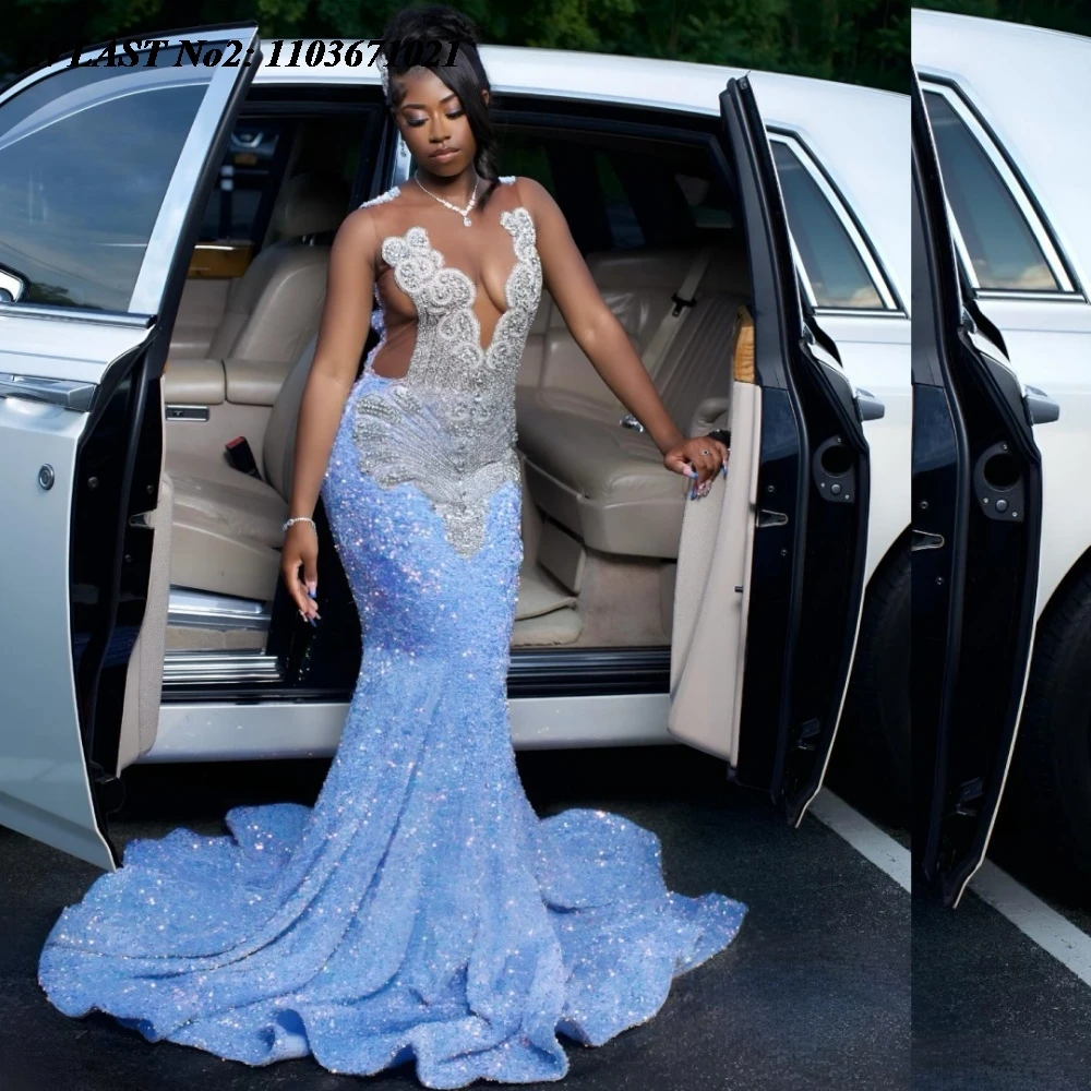 

EVLAST Индивидуальное африканское сексуальное синее платье для выпускного вечера с пайетками для темнокожих девушек, вечернее платье с блестками и кристаллами, расшитое бисером, Robe De Soiree E2P157