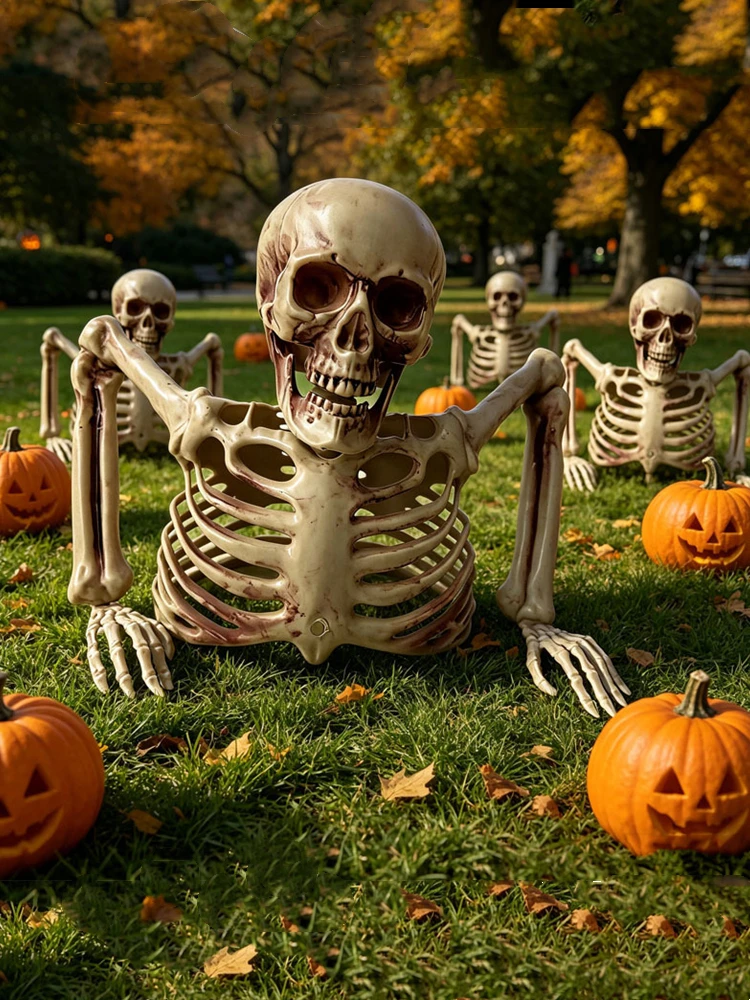 Dekoracja na Halloween - Szkielet do połowy ciała - Realistyczna plastikowa czaszka z ramionami - Straszny rekwizyt do nawiedzonego domu lub na cment — 2