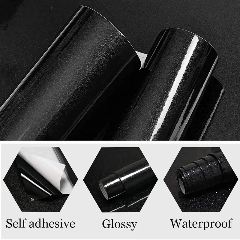 Glossy Black Wallpaper Waterproof Washable Peel Stick Removable Contact Paper Suitable for Kitchen Bathroom Table Wall and Appli