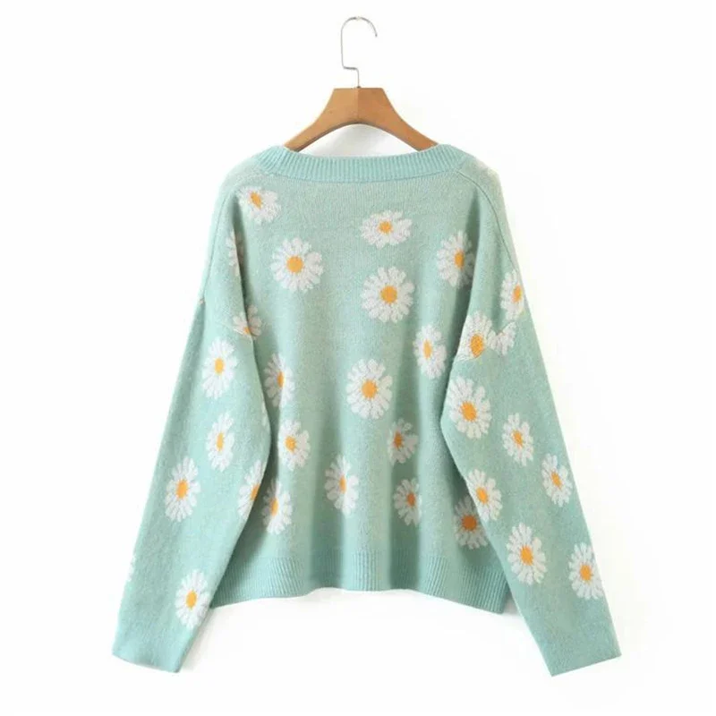 Women's Little Daisy Sweater Cardigan Top, Casual Long Sleeve V Neck Floral Print Loose Knit Lossen Coat 2024-WERF