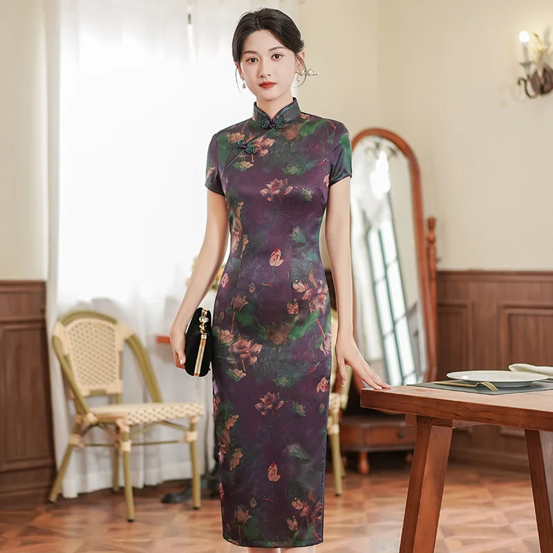 Long Qipao New Chinese Dresses Elegant Cheongsams Women Dress Sexy Print Floral Vestidos Silk Satin Qipaos Improved Gown