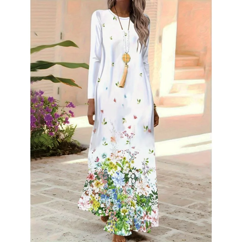 Spring and Summer New Style Elegant Floral Print Casual Long-sleeved Dress Fashionable Loose Ankle Dress