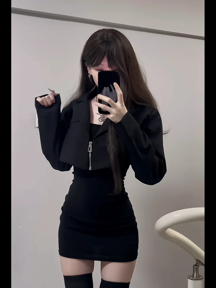 Início do outono coreano sle doce e picante menina ins terno ort casaco fino ajuste camada base dr conjunto feminino cintura alta saia linha a