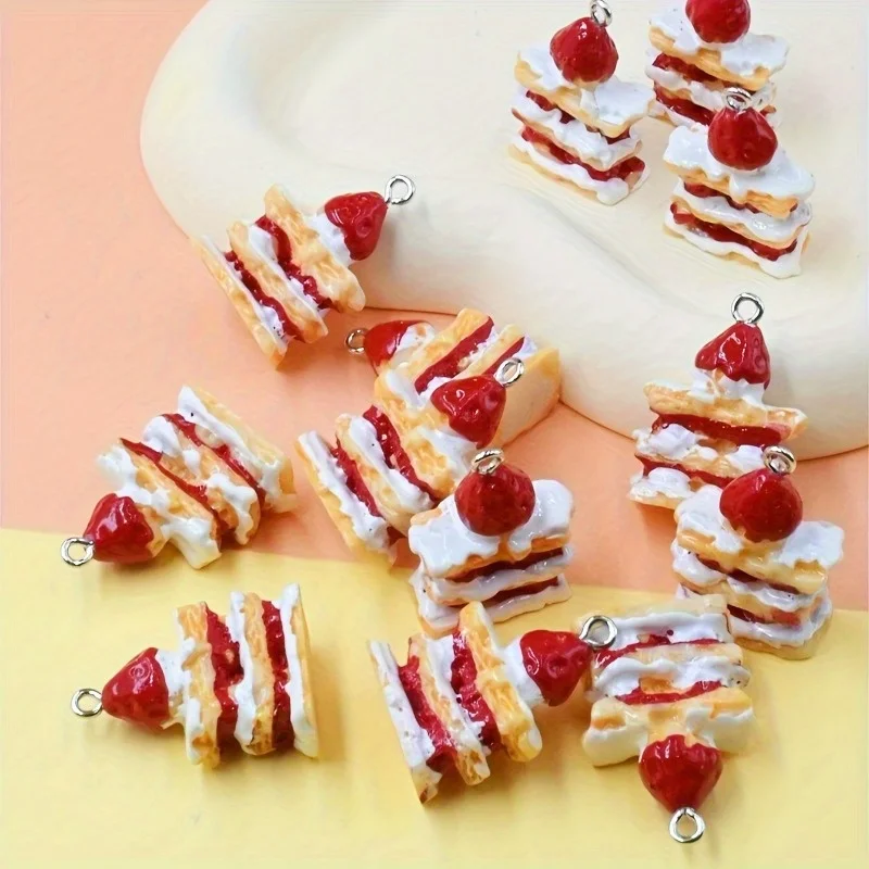 10pcs 3D Strawberry Cake Charms Resin Pendants for Jewelry Making, Cute Strawberry Charms for Earrings,Necklaces, Keychains