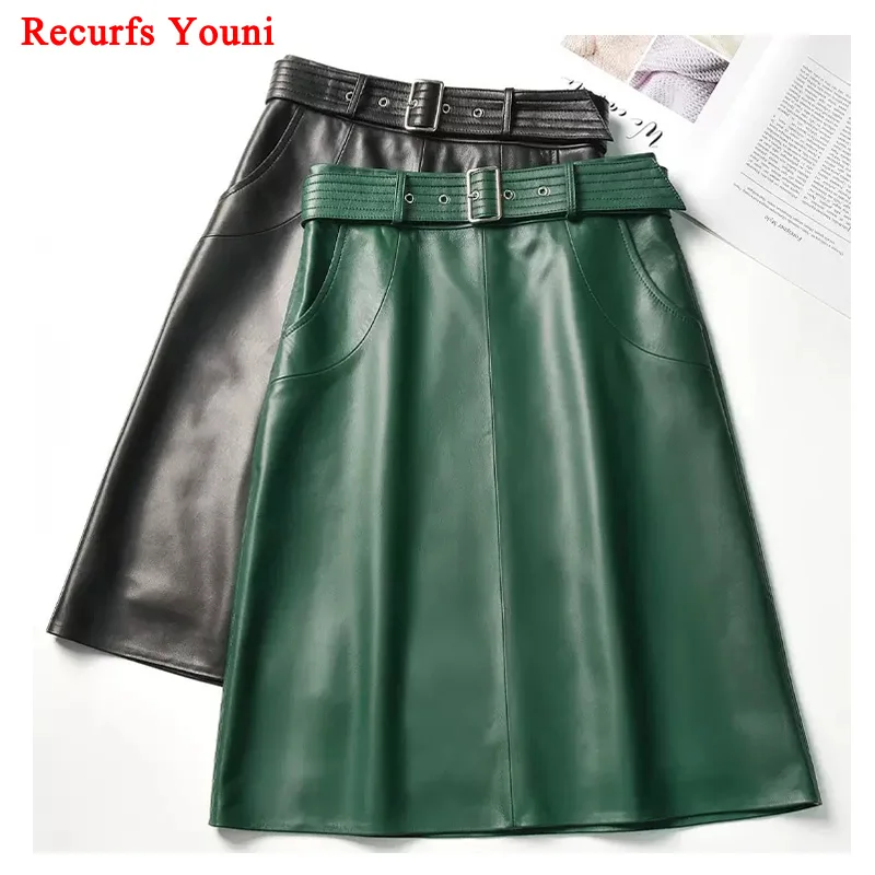 

Clothes For Women 2023 Genuine Leather Skirt Female A-line Pockets Wrap Jupe Mujer Midi Long Belt Dark Green Saias Femininas