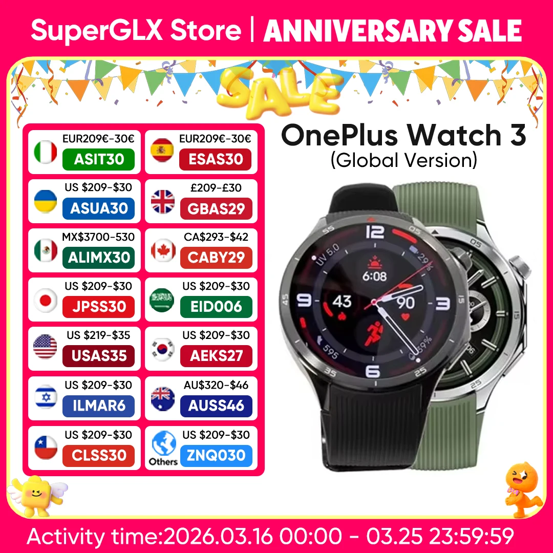 

2025 New OnePlus Watch 3 Global Version Smart Watch 1.50 inches AMOLED 32GB Memory Snapdragon W5 Wear OS by Google NFC IP68 5ATM