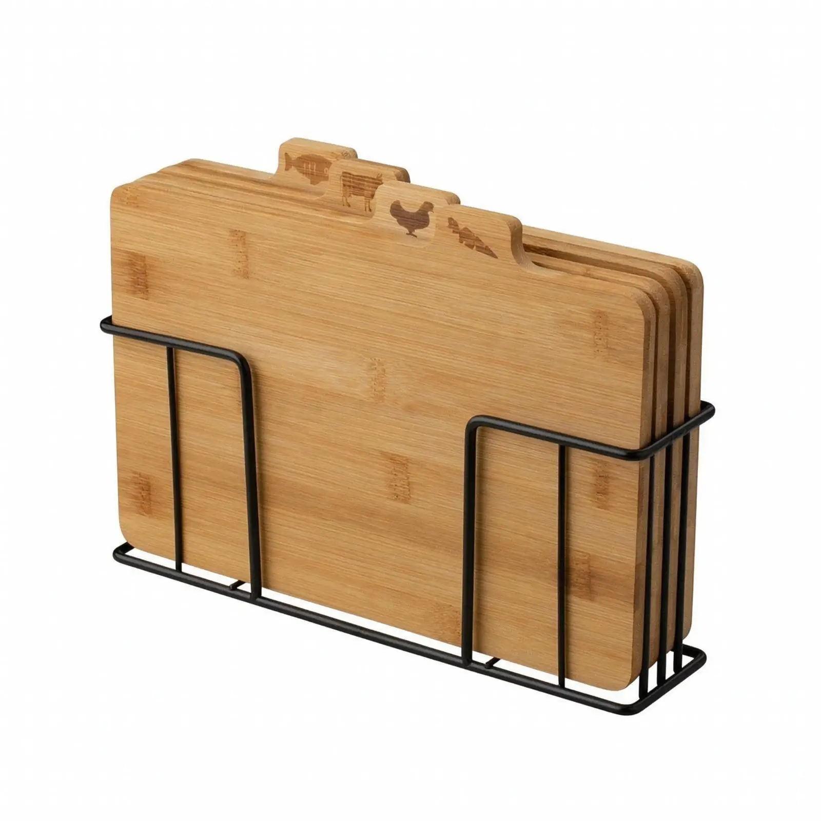 4 Pieces Cutting Board with Stand | Tidy Countertop Storage, Bamboo Cutting Board Set with Rack, Knife-Friendly