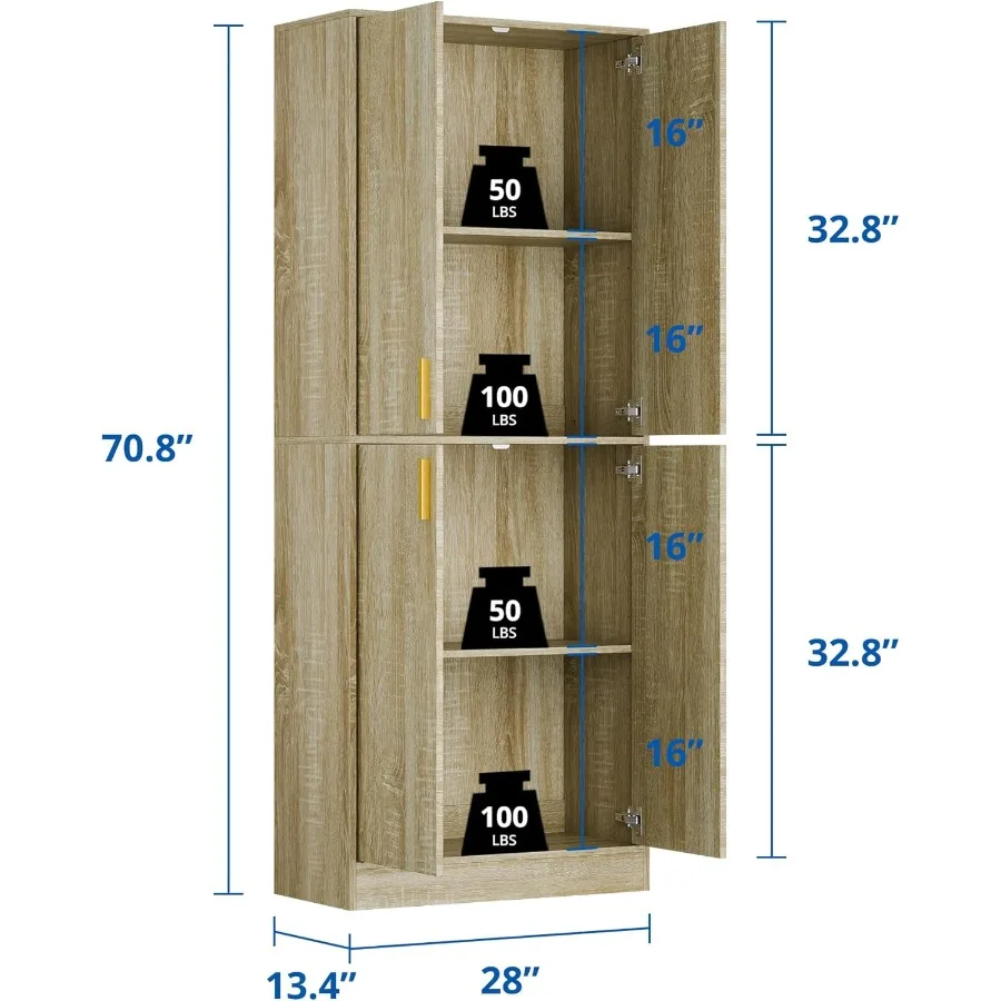 Lemari Penyimpanan Kayu Tinggi 71 cm dengan 4 Pintu dan Rak yang Dapat Disesuaikan untuk Dapur, Ruang Makan, Ruang Tamu, atau Kamar Mandi