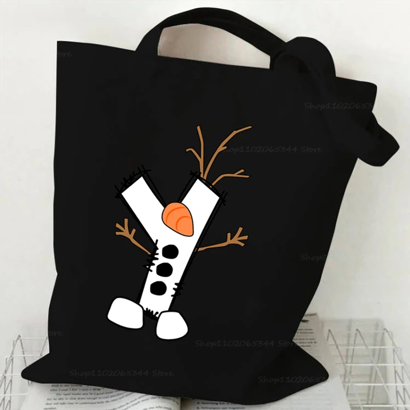 Criativo dos desenhos animados boneco de neve 26 alfabeto lona senhoras bolsa ombro feliz natal festa lona sacola engraçado carta bolsa feminina