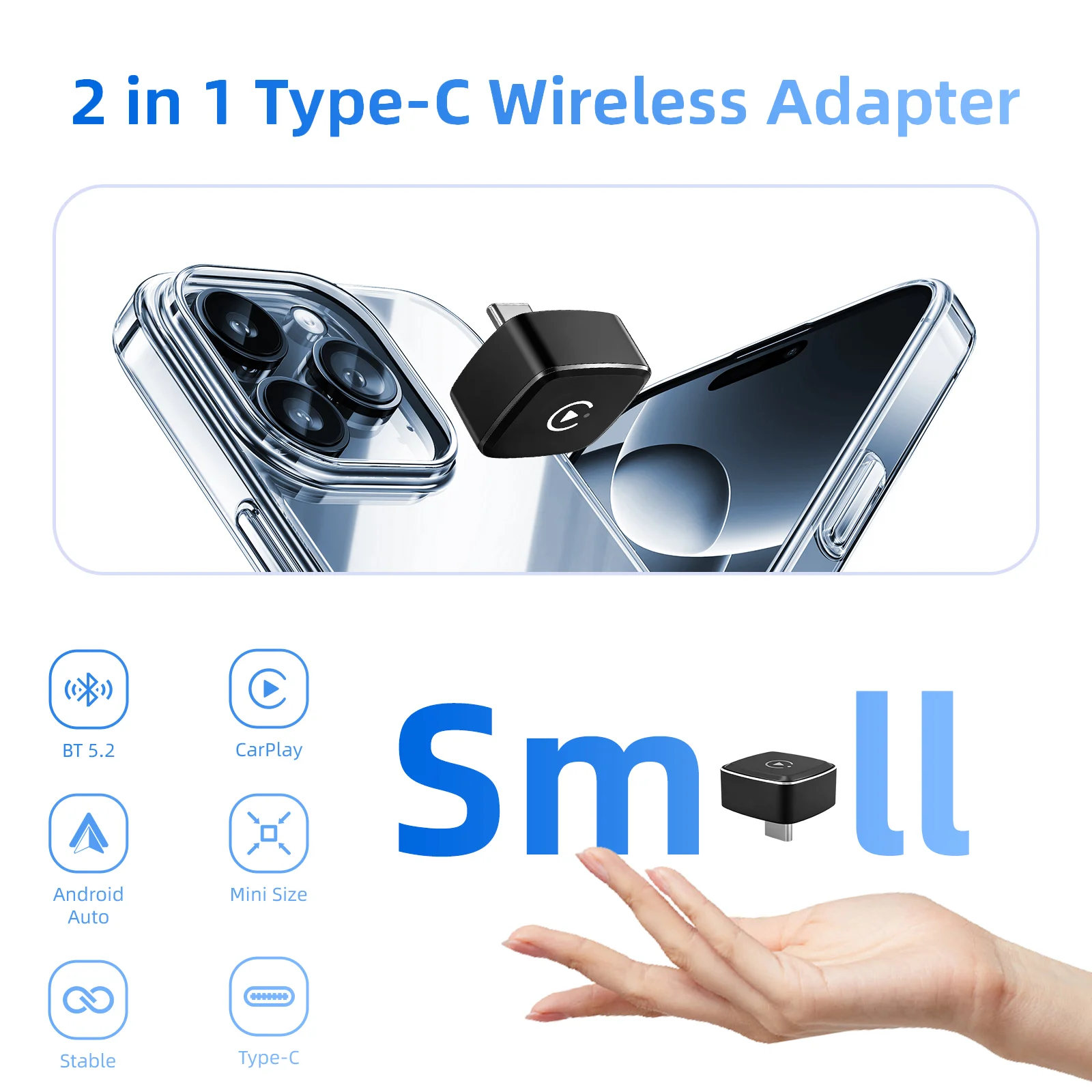 

Беспроводной адаптер Ezonetronics для CarPlay и Android Auto, для автомобилей с проводным подключением Type-C, беспроводной CarPlay и Android Auto 2 в 1