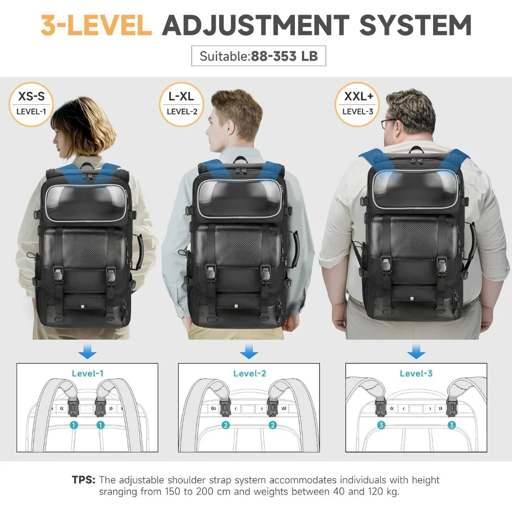 磁気留め具付きメンズ60Lトラベルバックパック、機内持ち込み可能、大型ジムダッフル、靴と水筒用コンパートメント付き