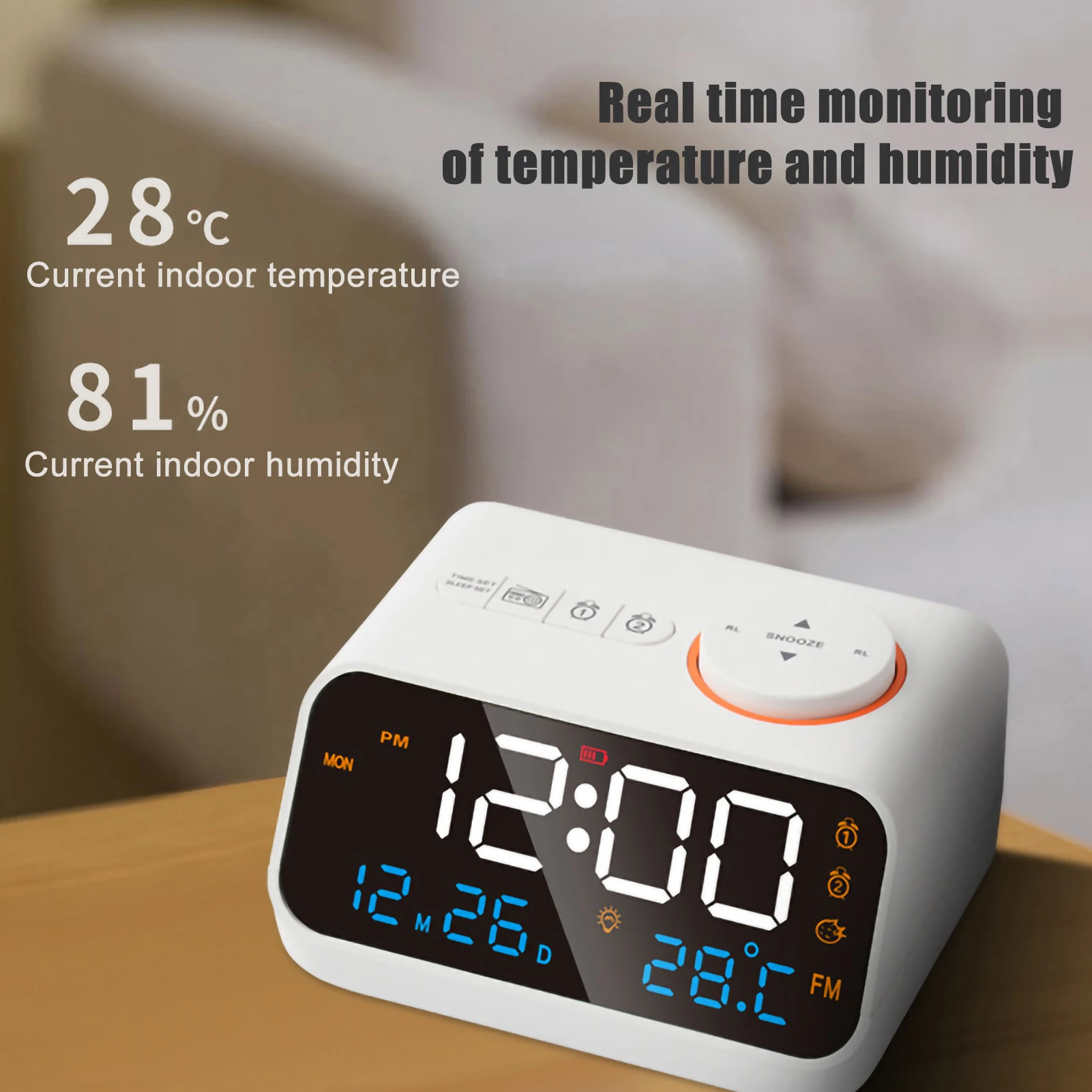 24hr FM Radio LED Alarm Clock Bedside Wake Up Digital Table Clock Calendar Temperature Humidity Display Screen USB Charging