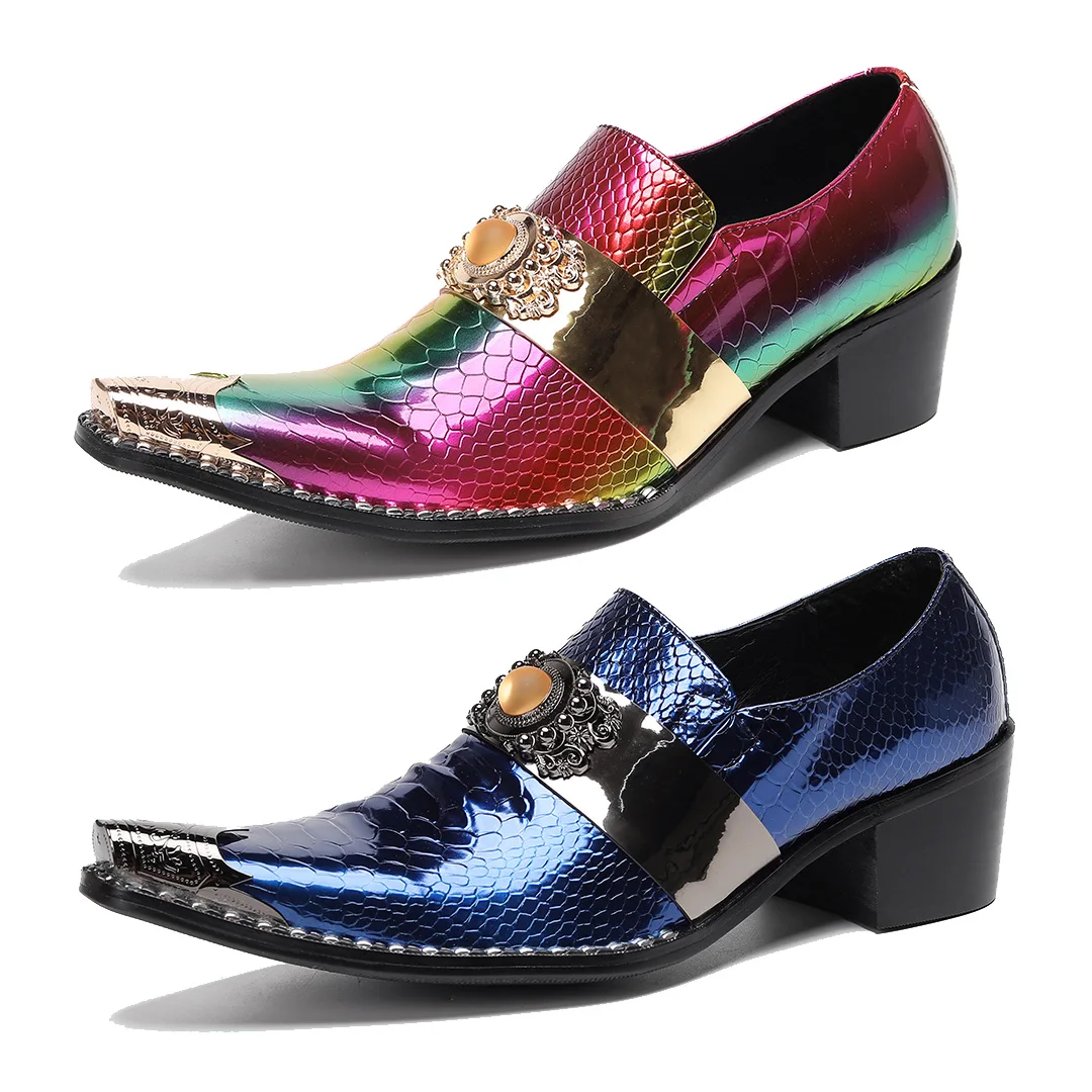

Men's Loafers Snake Skin Pattern New Men's Genuine Leather Shoes Solid Color Pointed Metal Buckle Party Business Shoes