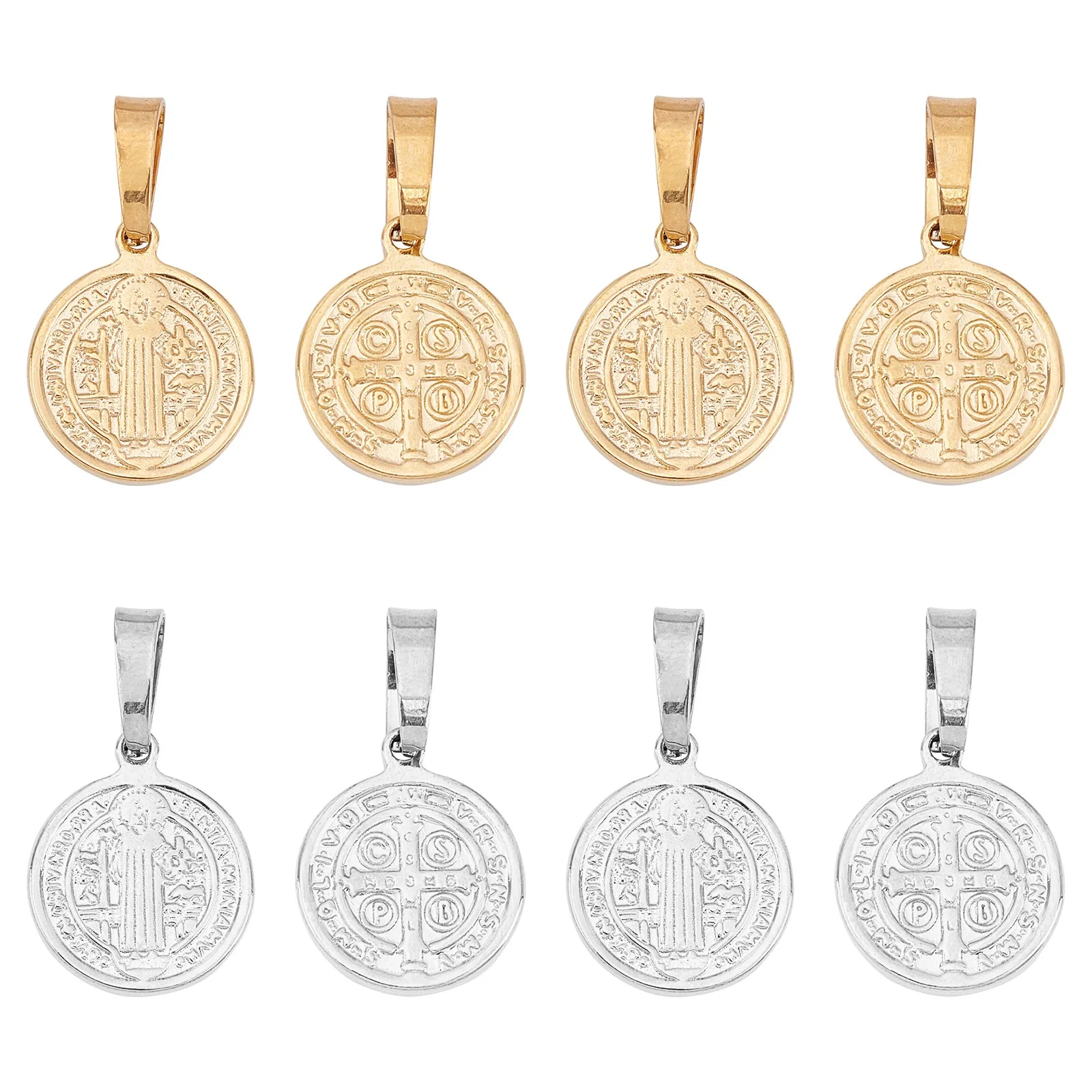 10Pcs 304 Stainless Steel Pendants Religion Flat Round with Saint Benedict Pendant For Necklace Jewelry Making