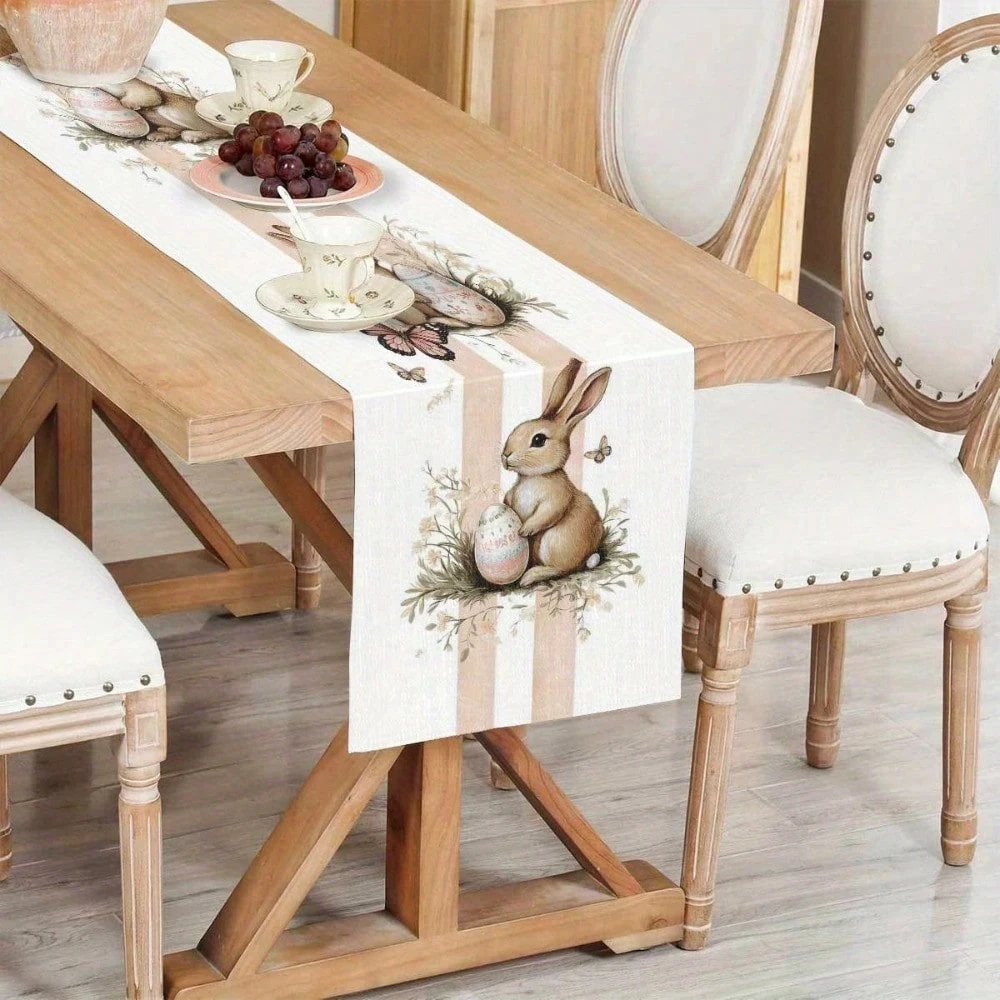 1PC Easter Table Runner, Pink White Stripe Rabbit Egg Butterfly Decor for Kitchen Dining Living Room Office Party Hotel