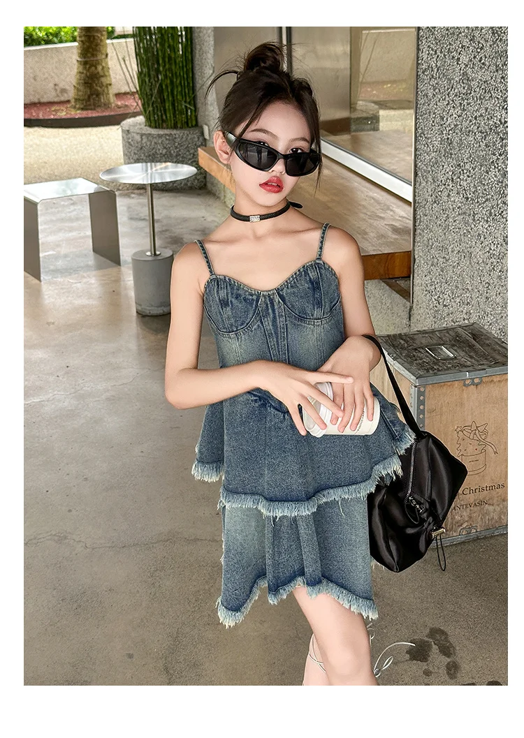 Jeanskleider für Teenager-Mädchen, ärmellose Sommerkleider, einteilige Kleidung, Kinder-Jumpsuit, Overalls, einfarbiges Kleid, modisches Kinderkostüm – Detail 3