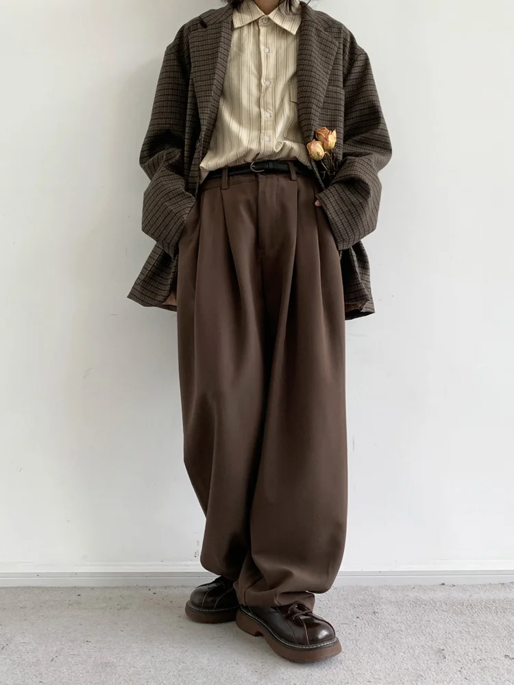 

y Vintage Straight Leg Coffee Color Men's Casual Loose Drapey Wide Leg Pants Spring Autumn Seasonal Long Trousers