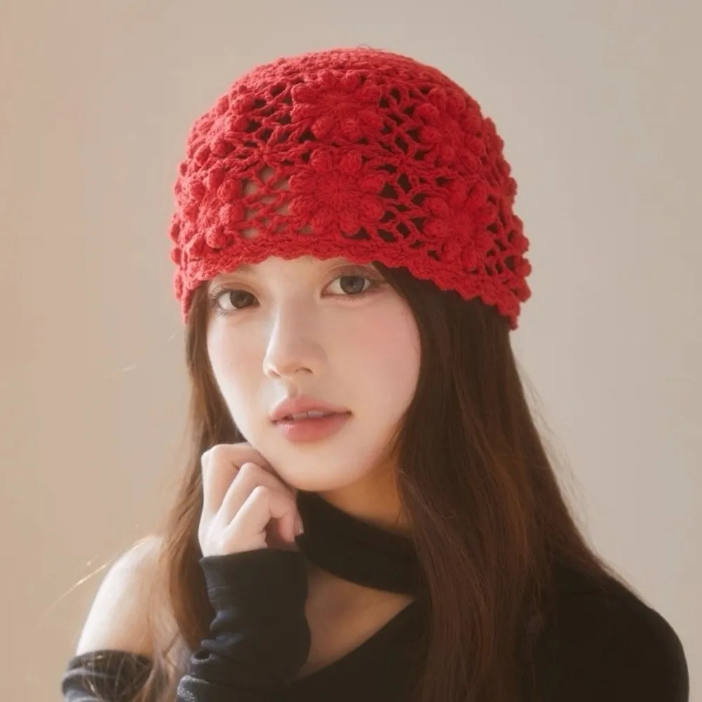 Korean Handmade Crochet Flower Hat Hollow Weave Knit Basin Caps Sweet Y2k Beanies Cap Outdoor