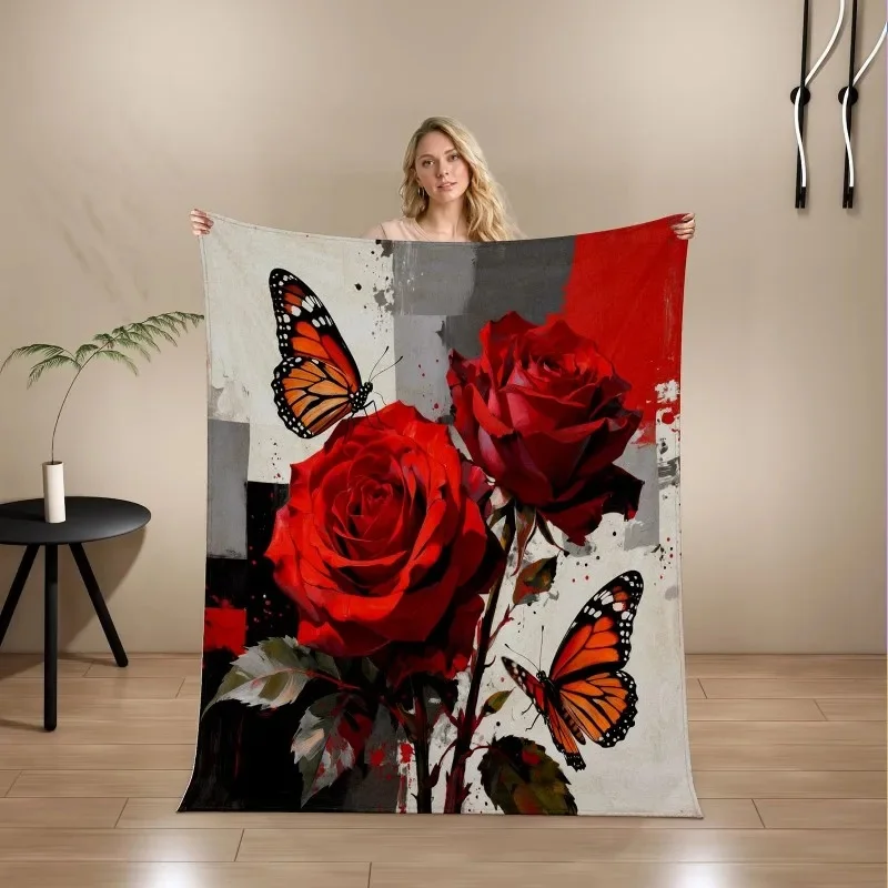 Rose Butterfly Print Flannel Throw Blanket Soft Warm Lightweight All Season Nap Blanket for Sofa Bedroom Home Decor